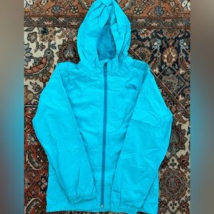 Girls northface blue rain jacket, large 14/16, outdoor lightweight jacket